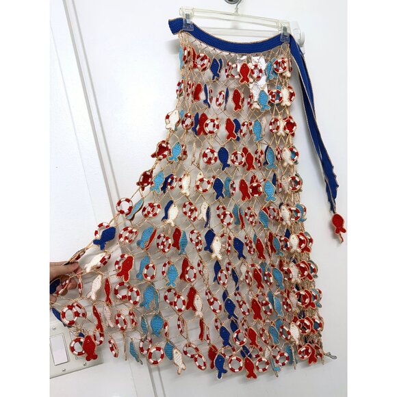 NWT My Beachy Side Poisson Knit Crochet Maxi Skirt Blue Fish Nautical Inner Tube - Picture 8 of 16